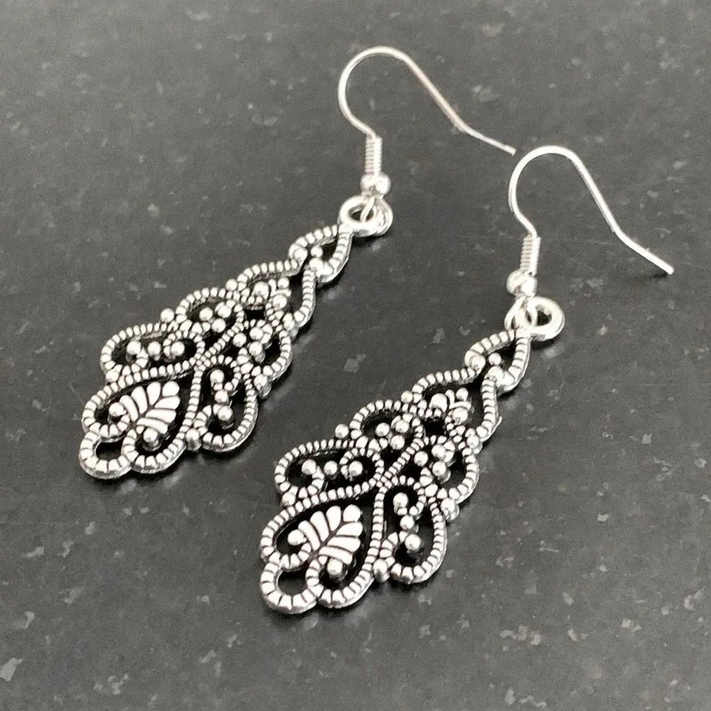 Silver Filigree Chandelier Scroll Earrings -  2” Long Drop in Silver Tone